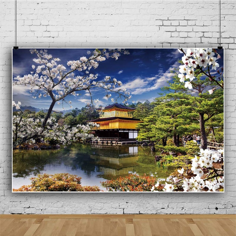 DORCEV Background for Spring Japan Scenery Photography Backdrop Japanese Temple White Cherry Landscape Asian Travel Themed Birthday Party Wedding Portrait Photo Studio Props Wallpaper - Image 3